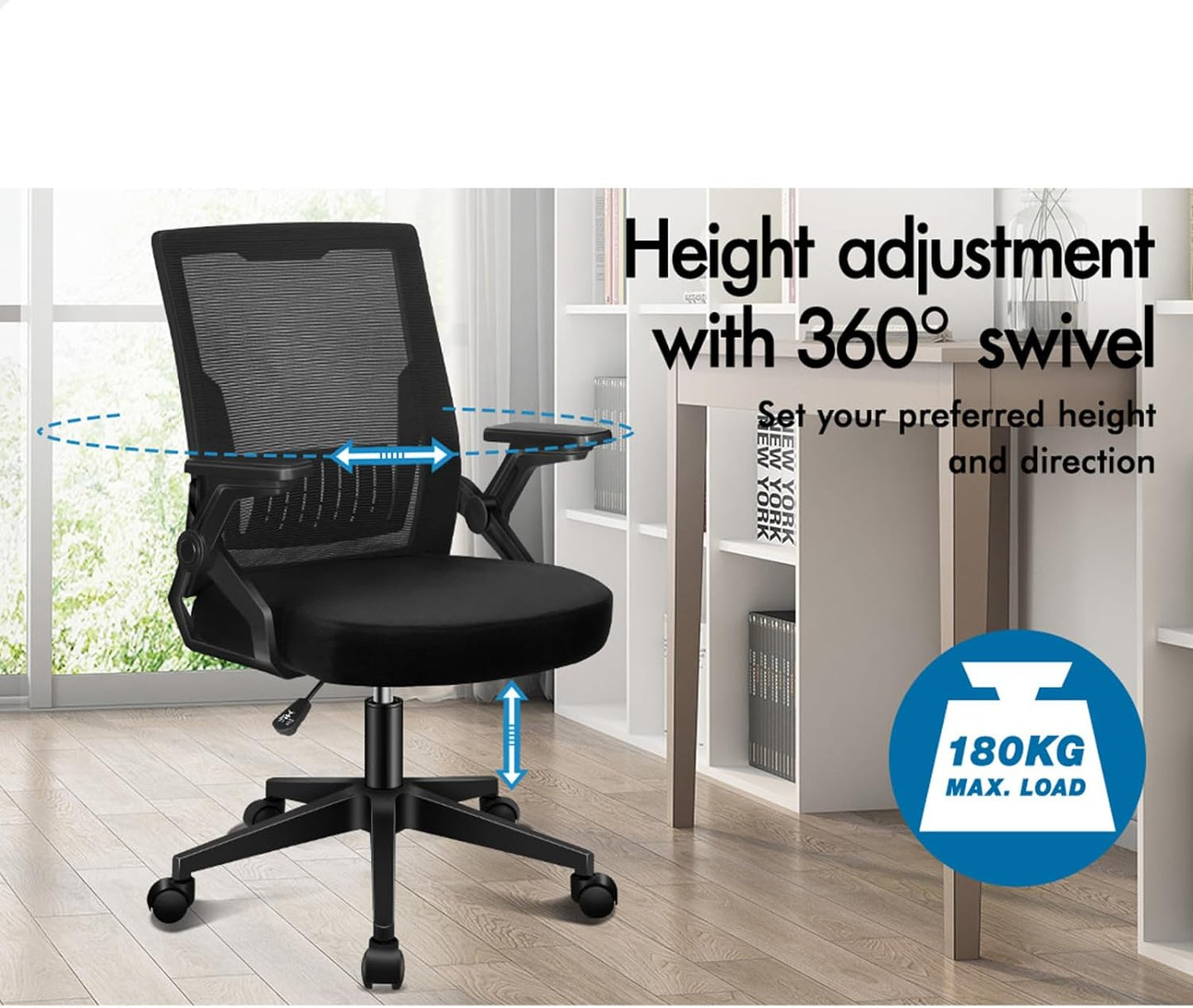 Ergonomic Mesh Office Chair for Home Office, Mid-Back Student Computer Study Desk Chair with Adjustable Flip-Up Arm & Lumbar Support, Gaming Racing Task Chair, Conrad All Black