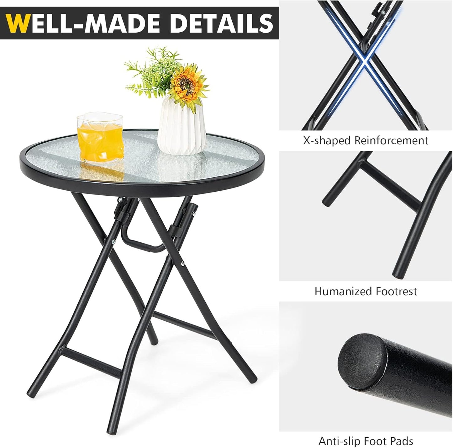 Folding Side Table, round Small Patio Table, Tempered Glass Tabletop, Steel Frame, Weather-Resistant Outdoor Indoor Use for Bistro Porch Garden Balcony (Classic Round, 18"X18"X18.5")