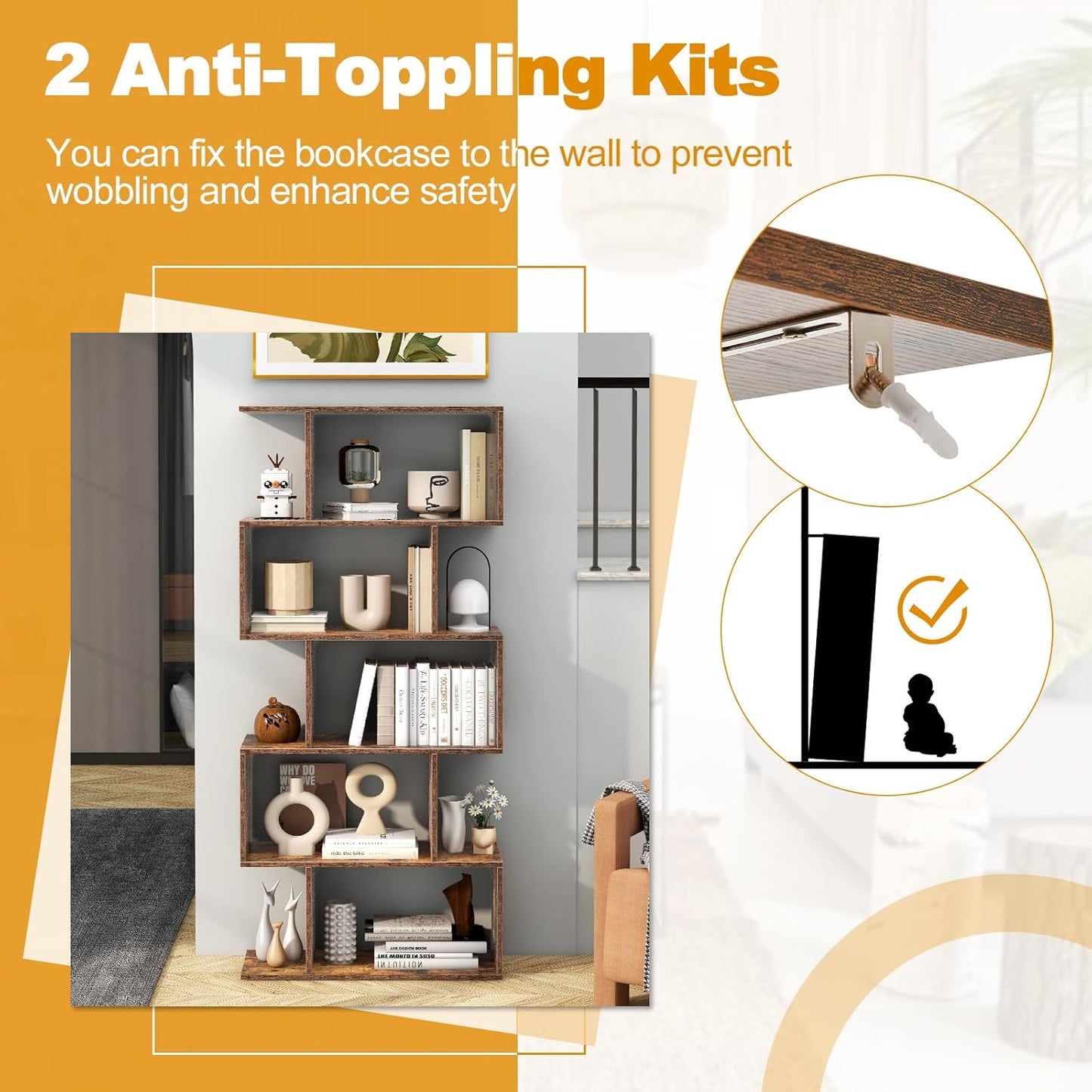 5-Tier Bookshelf, Geometric S-Shaped Bookcase W/Anti-Toppling Device, Freestanding Industrial Decorative Display Shelf, Storage Shelving for Living Room Home Office (Rustic Brown)