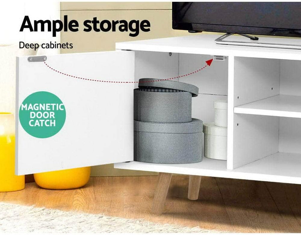 TV Unit Cabinet Entertainment Units, Wood Stand Table Cabinets Storage Shelf Organiser Cupboard Home Living Room Bedroom Furniture, with 2 Drawer and Cable Management Holes White