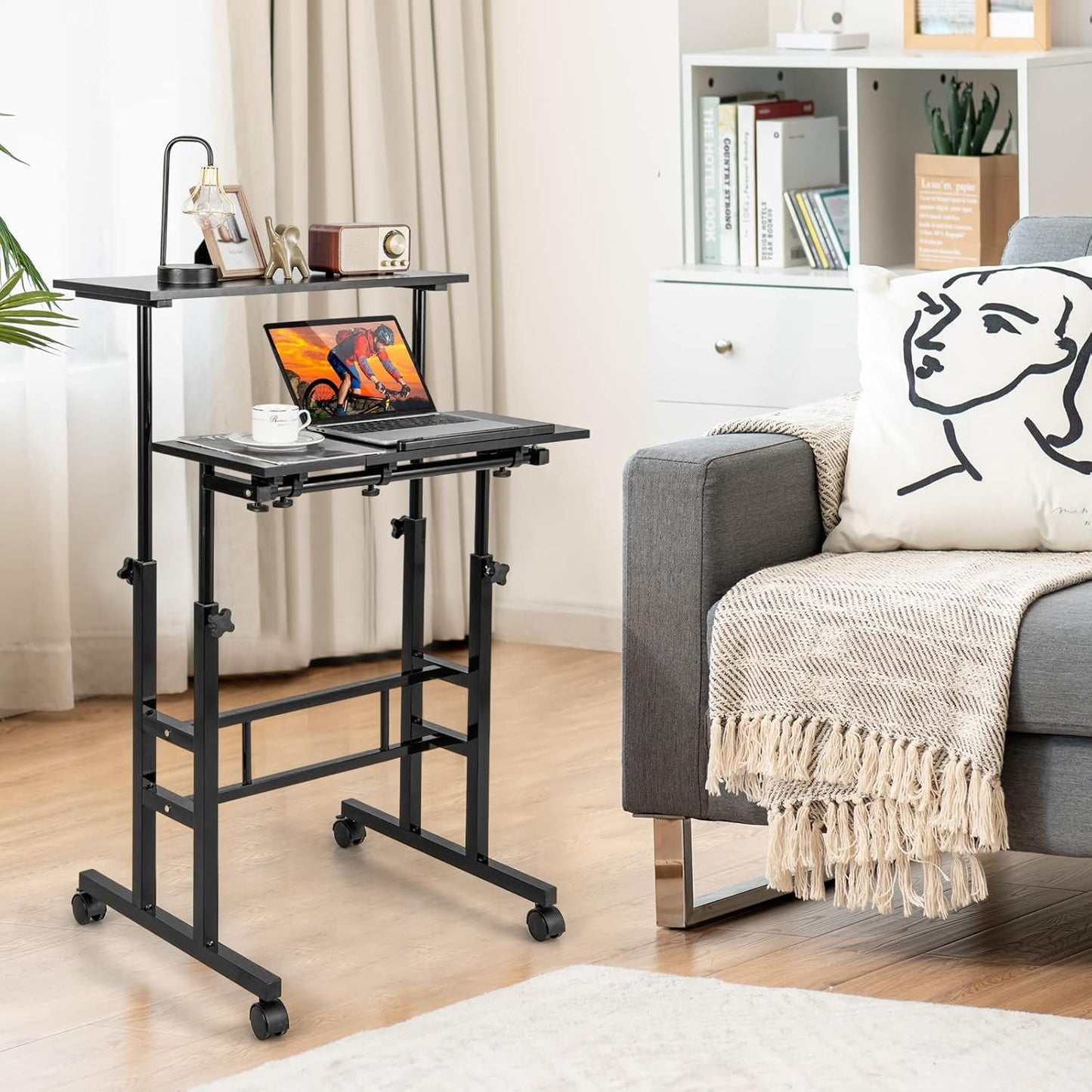 Mobile Stand up Computer Desk, Rolling Standing Laptop Cart with 2 Tilting Desktops, Sitting or Standing Modes, Height Adjustable Home Office Workstation (Black)