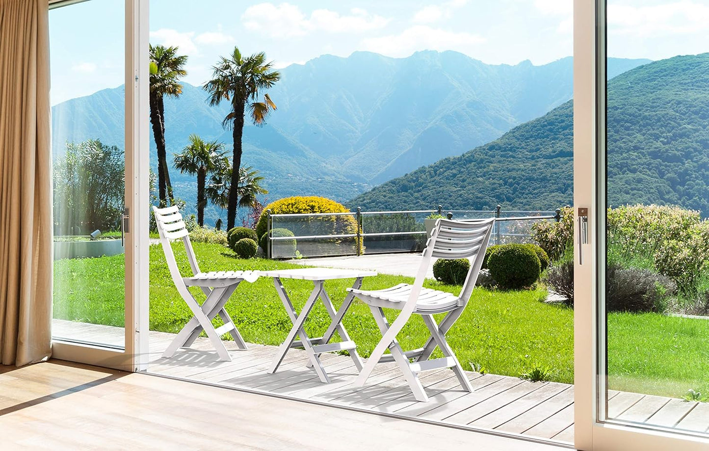 Plastic Portable Sitting Set, Suitable for Patio, Camping, Picnic & Beach, Bistro Set & Garden Furniture, Portable Table & 2 Foldable Chairs, Indoor & Outdoor Use, Sturdy & Durable, White