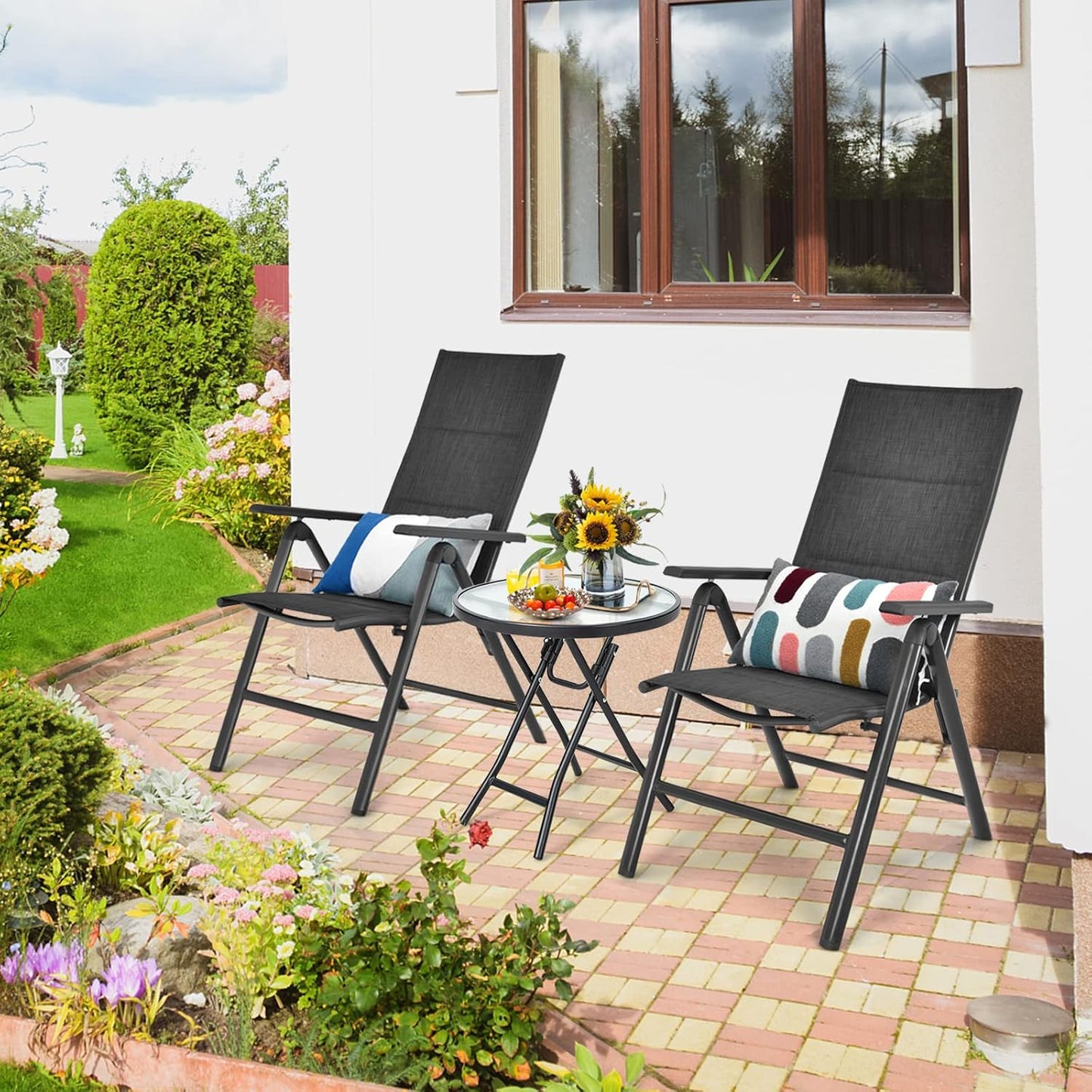 Folding Side Table, round Small Patio Table, Tempered Glass Tabletop, Steel Frame, Weather-Resistant Outdoor Indoor Use for Bistro Porch Garden Balcony (Classic Round, 18"X18"X18.5")