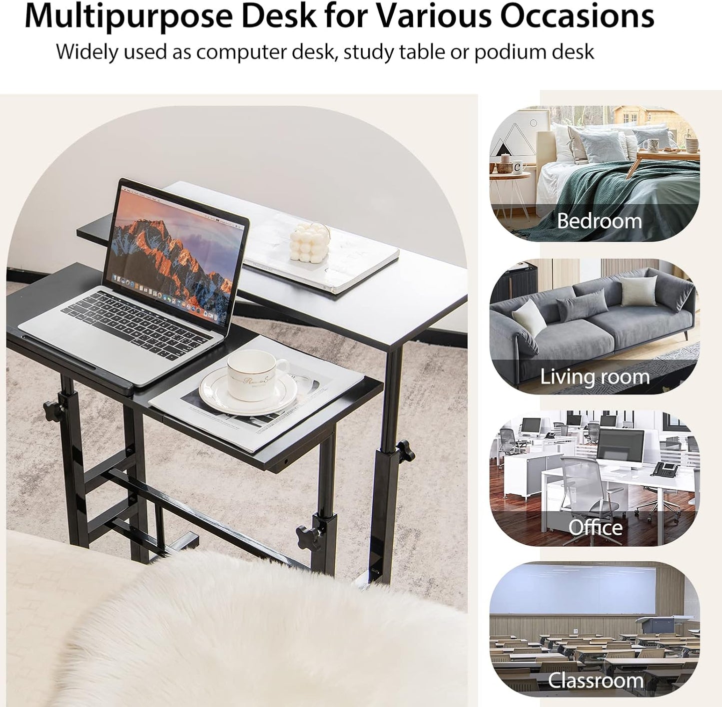 Mobile Stand up Computer Desk, Rolling Standing Laptop Cart with 2 Tilting Desktops, Sitting or Standing Modes, Height Adjustable Home Office Workstation (Black)