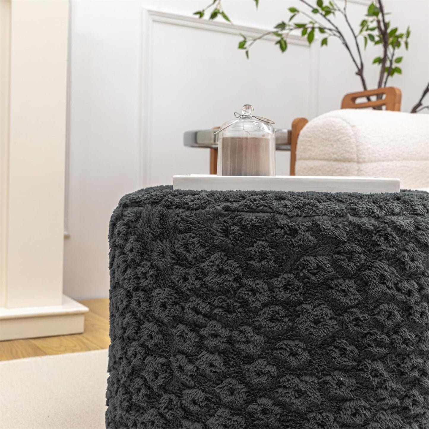 Stuffed Pouf Ottoman Comfy Floral Ottoman Foot Rest for Living Room Bedroom Kids Room Charm Floor Pouf for Home Decor Full Foam Filling Foot Rest for Couch (Dark Gray)