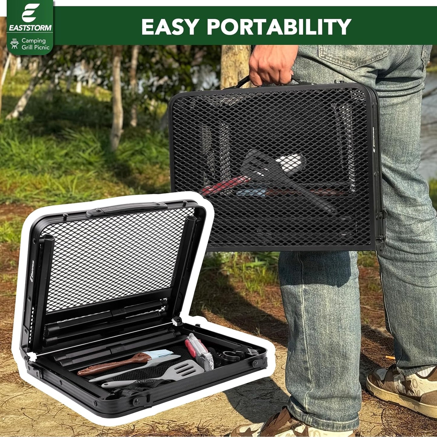 Grill Camping Table Outdoor Folding Picnic - Portable, Compact & Foldable for Easy Storage Great Picnic, Garden, Patio, Dining, BBQ, Party, Market Small Size, Black, (AM0915B1)