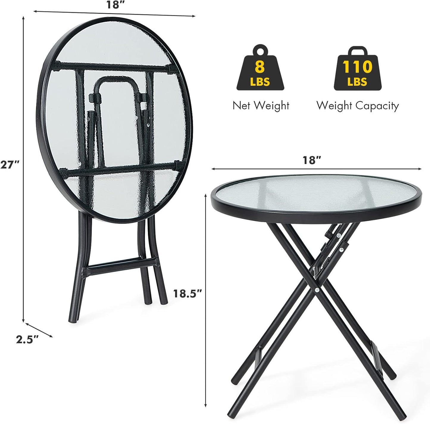 Folding Side Table, round Small Patio Table, Tempered Glass Tabletop, Steel Frame, Weather-Resistant Outdoor Indoor Use for Bistro Porch Garden Balcony (Classic Round, 18"X18"X18.5")