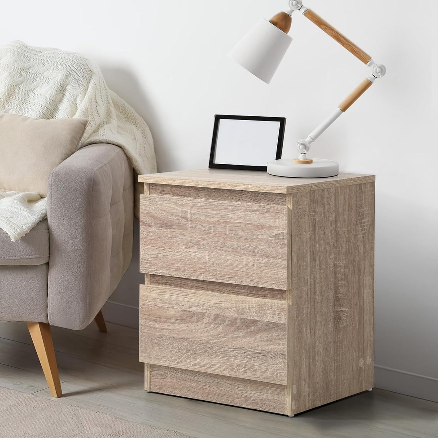 Modern Beige 2-Drawer Rectangular Nightstand Bedside Table, 40 Cm X 35.5 Cm X 49.5 Cm
