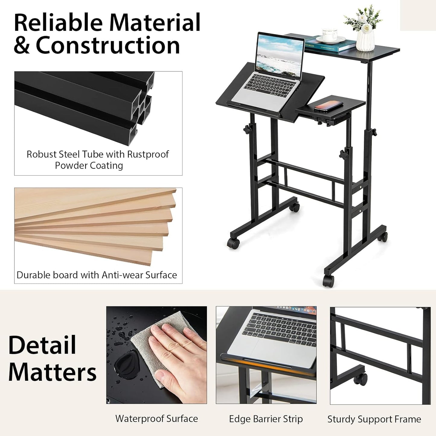 Mobile Stand up Computer Desk, Rolling Standing Laptop Cart with 2 Tilting Desktops, Sitting or Standing Modes, Height Adjustable Home Office Workstation (Black)