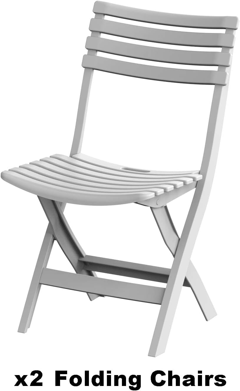 Plastic Portable Sitting Set, Suitable for Patio, Camping, Picnic & Beach, Bistro Set & Garden Furniture, Portable Table & 2 Foldable Chairs, Indoor & Outdoor Use, Sturdy & Durable, White