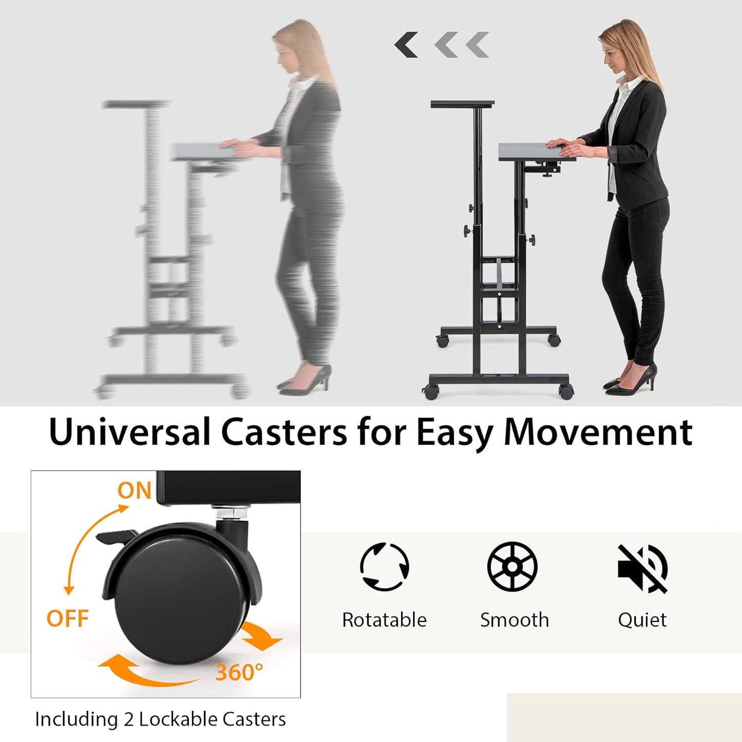 Mobile Stand up Computer Desk, Rolling Standing Laptop Cart with 2 Tilting Desktops, Sitting or Standing Modes, Height Adjustable Home Office Workstation (Black)