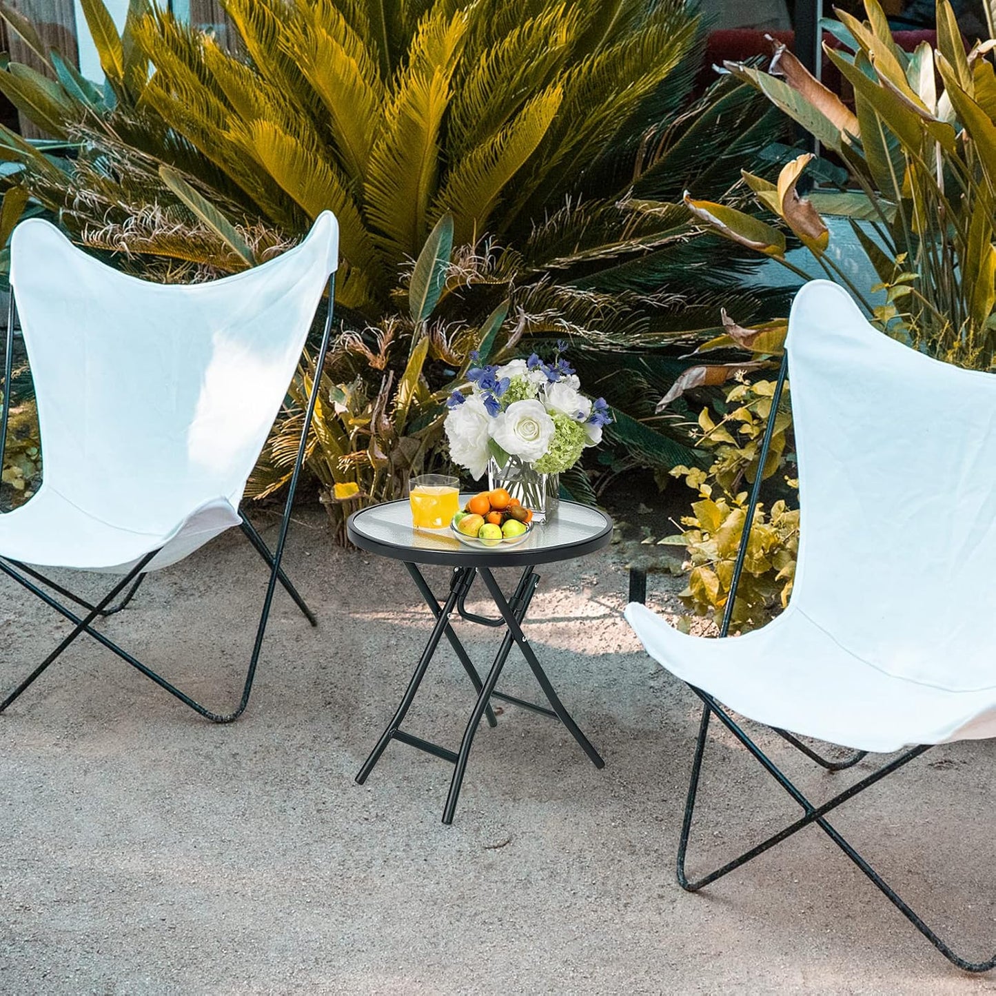 Folding Side Table, round Small Patio Table, Tempered Glass Tabletop, Steel Frame, Weather-Resistant Outdoor Indoor Use for Bistro Porch Garden Balcony (Classic Round, 18"X18"X18.5")