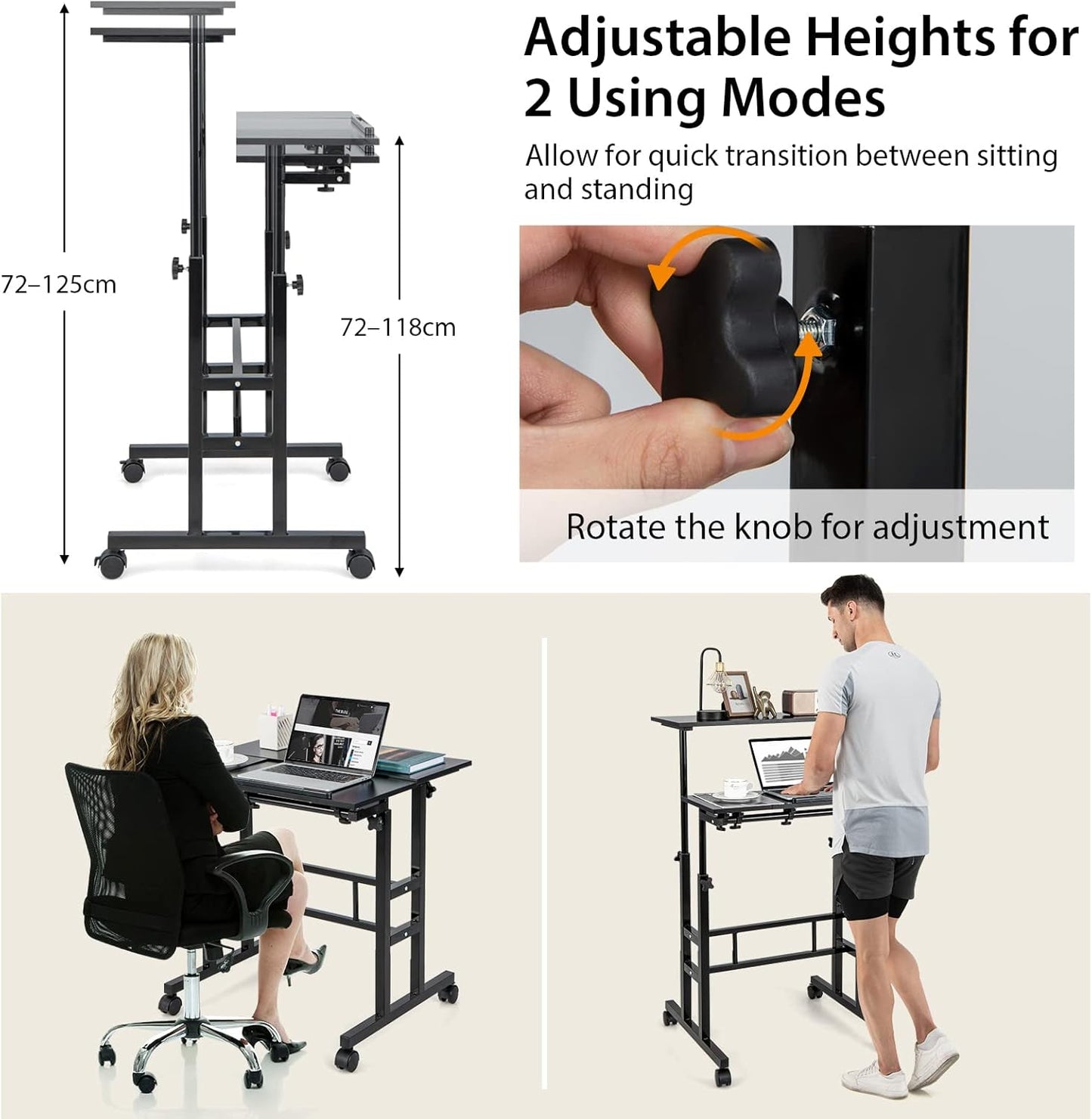 Mobile Stand up Computer Desk, Rolling Standing Laptop Cart with 2 Tilting Desktops, Sitting or Standing Modes, Height Adjustable Home Office Workstation (Black)