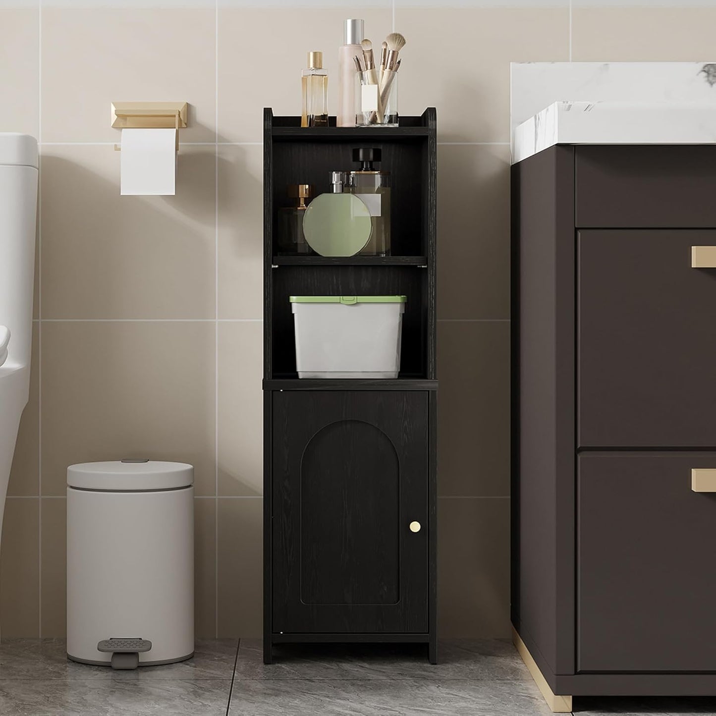 Bathroom Storage Cabinet, Corner Floor Cabinet with Doors and Adjustable Shelf, Narrow Toilet Paper Cabinets, Bathroom Organizer for Small Spaces, Black BC39704X
