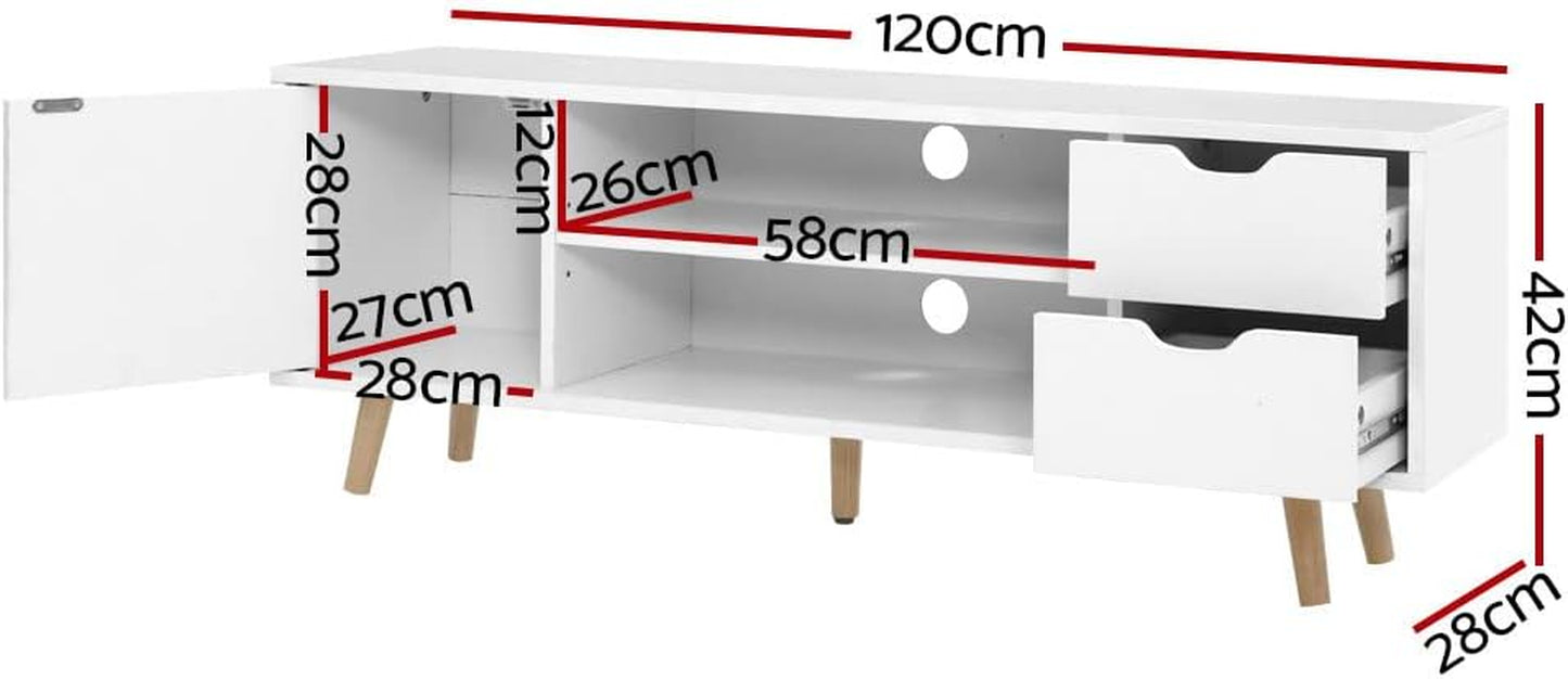 TV Unit Cabinet Entertainment Units, Wood Stand Table Cabinets Storage Shelf Organiser Cupboard Home Living Room Bedroom Furniture, with 2 Drawer and Cable Management Holes White