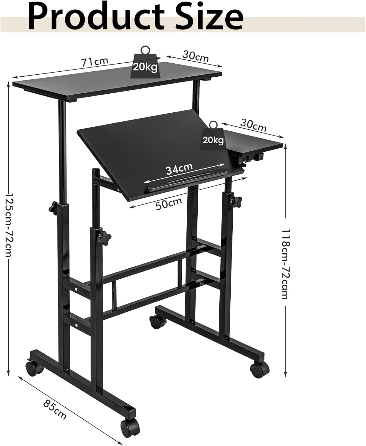 Mobile Stand up Computer Desk, Rolling Standing Laptop Cart with 2 Tilting Desktops, Sitting or Standing Modes, Height Adjustable Home Office Workstation (Black)