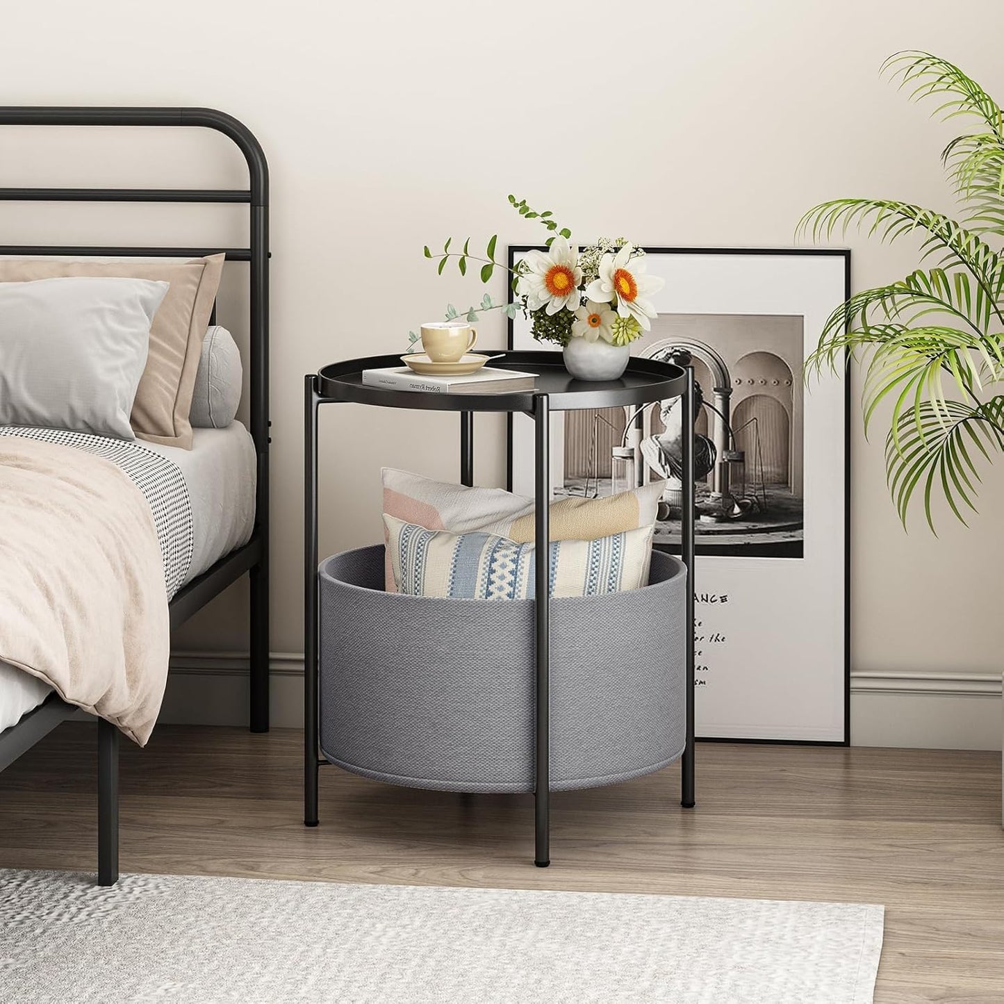 End Tables with Fabric Storage Basket, round Sidetables Bedroom, Lamp Table, Spacious Metal Small Bedside Table Nightstand with Removable Tray for Living Room, Nursery, Laundry