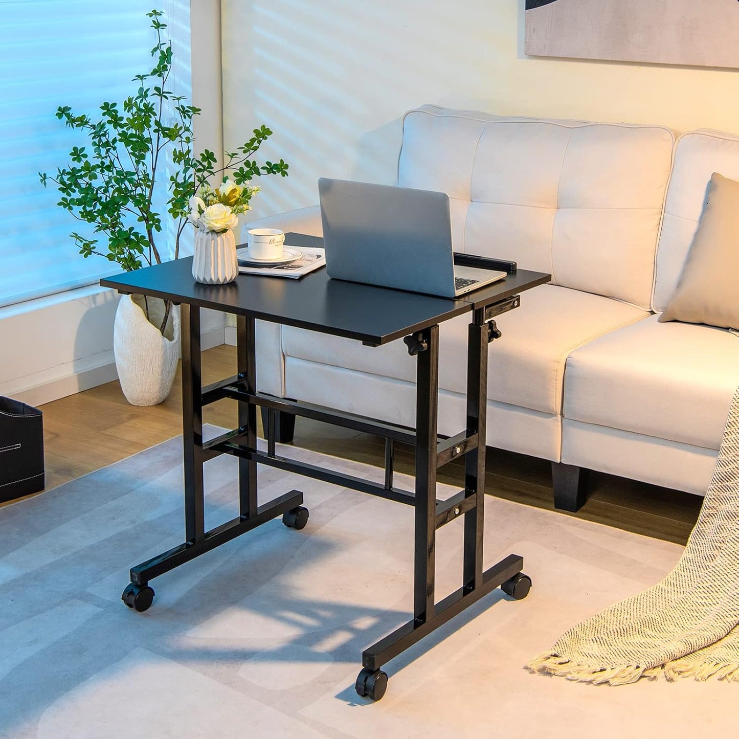 Mobile Stand up Computer Desk, Rolling Standing Laptop Cart with 2 Tilting Desktops, Sitting or Standing Modes, Height Adjustable Home Office Workstation (Black)