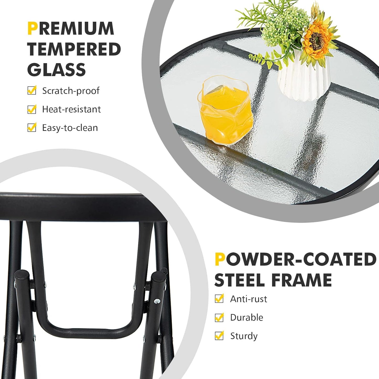 Folding Side Table, round Small Patio Table, Tempered Glass Tabletop, Steel Frame, Weather-Resistant Outdoor Indoor Use for Bistro Porch Garden Balcony (Classic Round, 18"X18"X18.5")