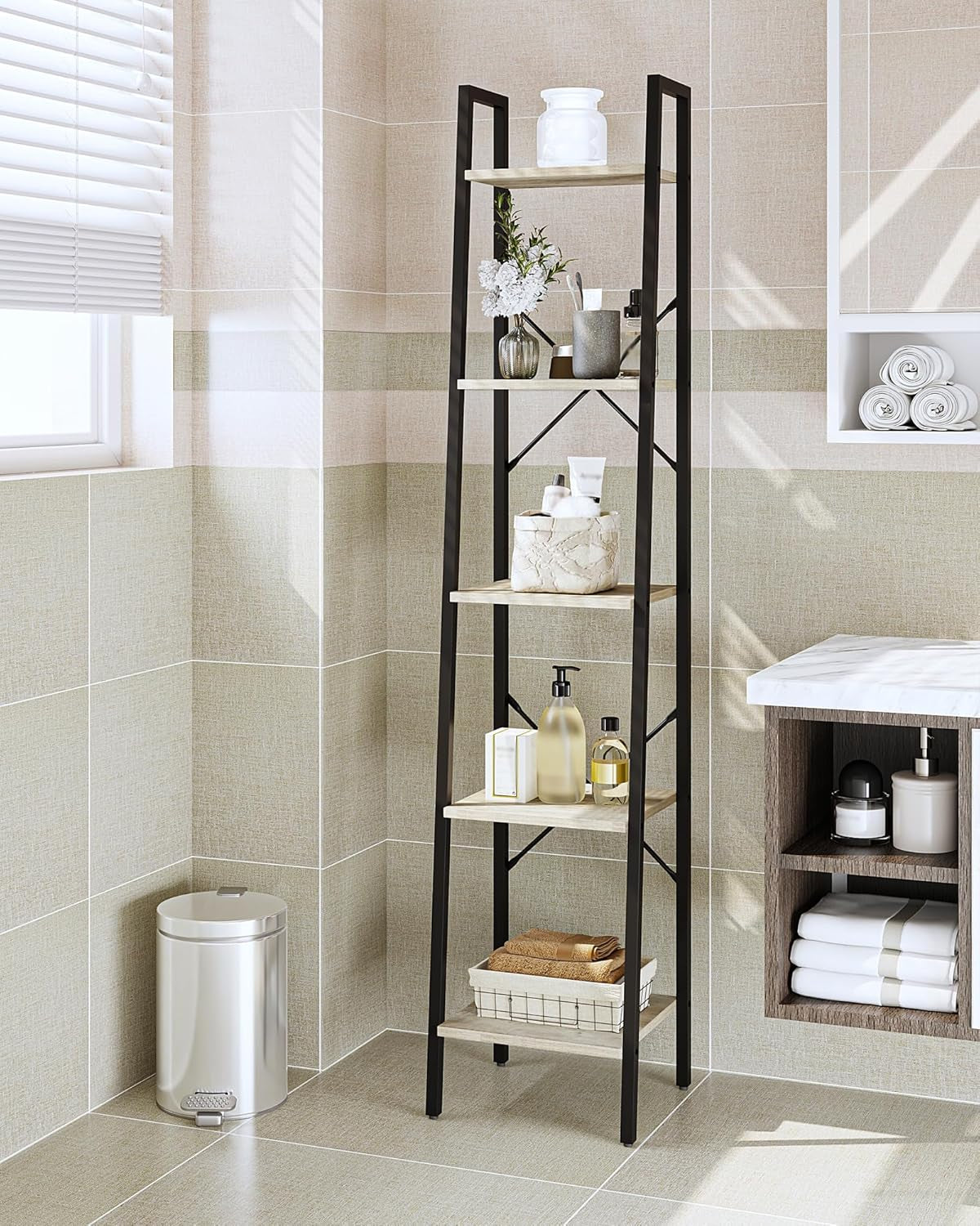Ladder Shelf, Bookshelf Bookcase, Freestanding Corner Storage Shelve with 2 Hooks for Home Office, Living Room, Kitchen, Bedroom, Industrial, 5-Tier Greige BC03205B