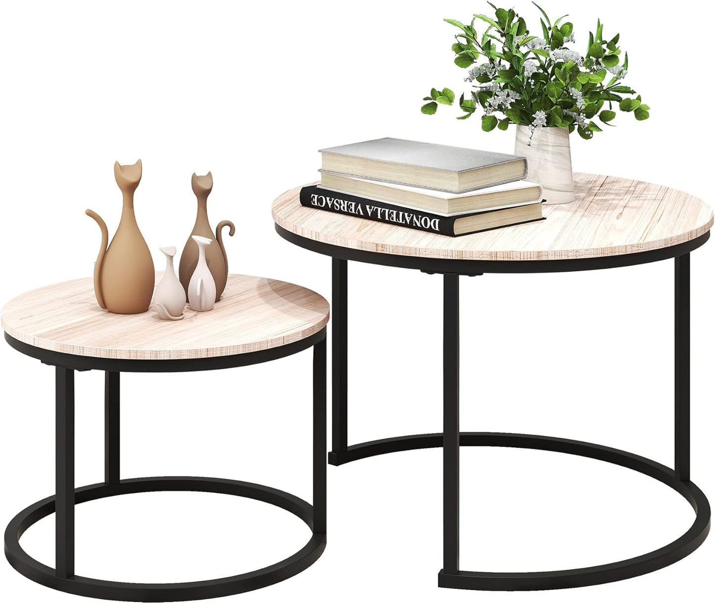round Nesting Coffee Table Modern Furniture Nesting Side Set of 2 Stacking Side Tea Table End Table for Living Room Balcony Office with Sturdy Metal Frame, Easy Assembly
