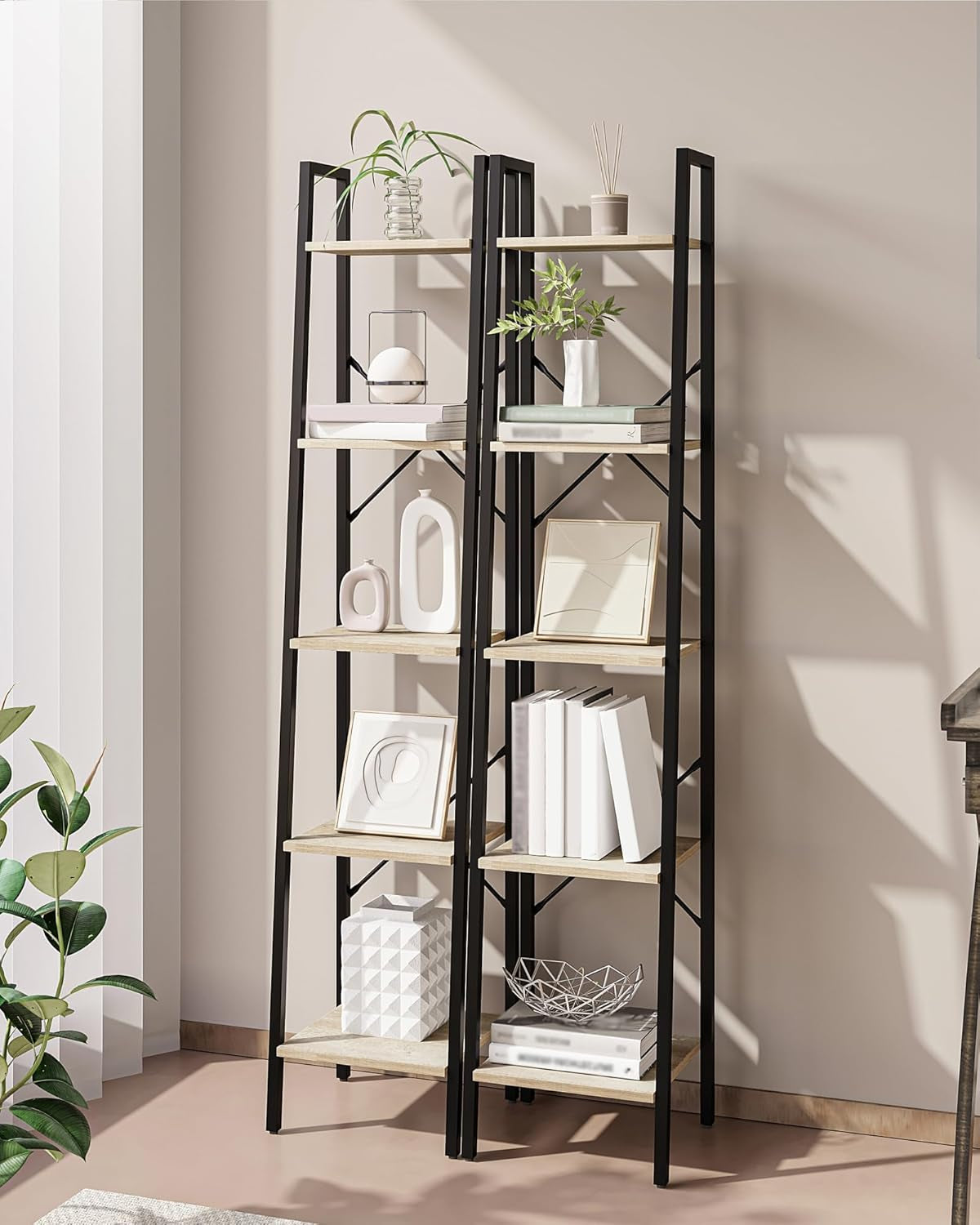 Ladder Shelf, Bookshelf Bookcase, Freestanding Corner Storage Shelve with 2 Hooks for Home Office, Living Room, Kitchen, Bedroom, Industrial, 5-Tier Greige BC03205B