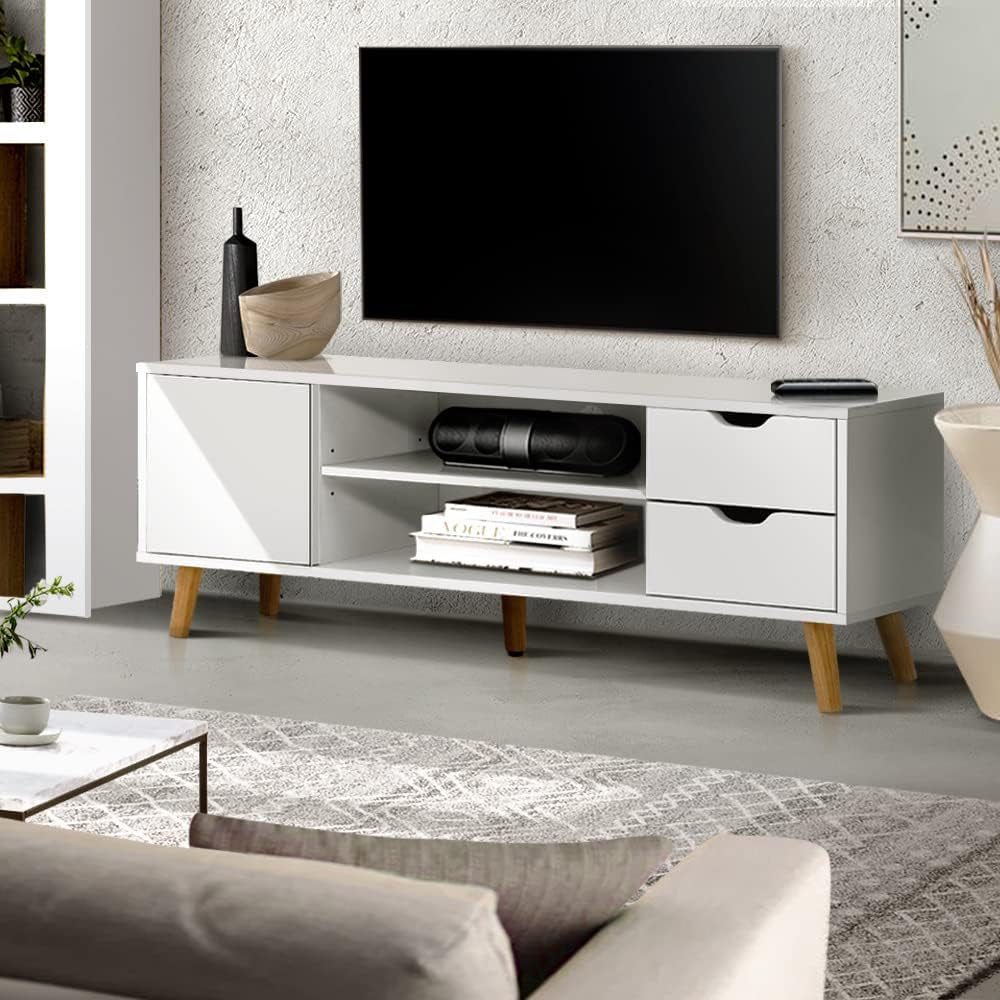 TV Unit Cabinet Entertainment Units, Wood Stand Table Cabinets Storage Shelf Organiser Cupboard Home Living Room Bedroom Furniture, with 2 Drawer and Cable Management Holes White