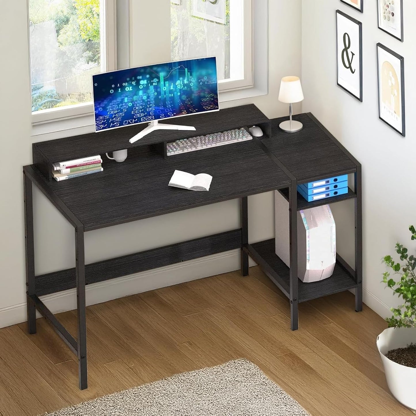 Computer Desk with Reversible Storage Shelves, 100 * 45 * 76Cm, Corner Desk with Monitor Stand, Home Office Desk, Modern Simple Writing Table for Office Bedroom Study (Black)