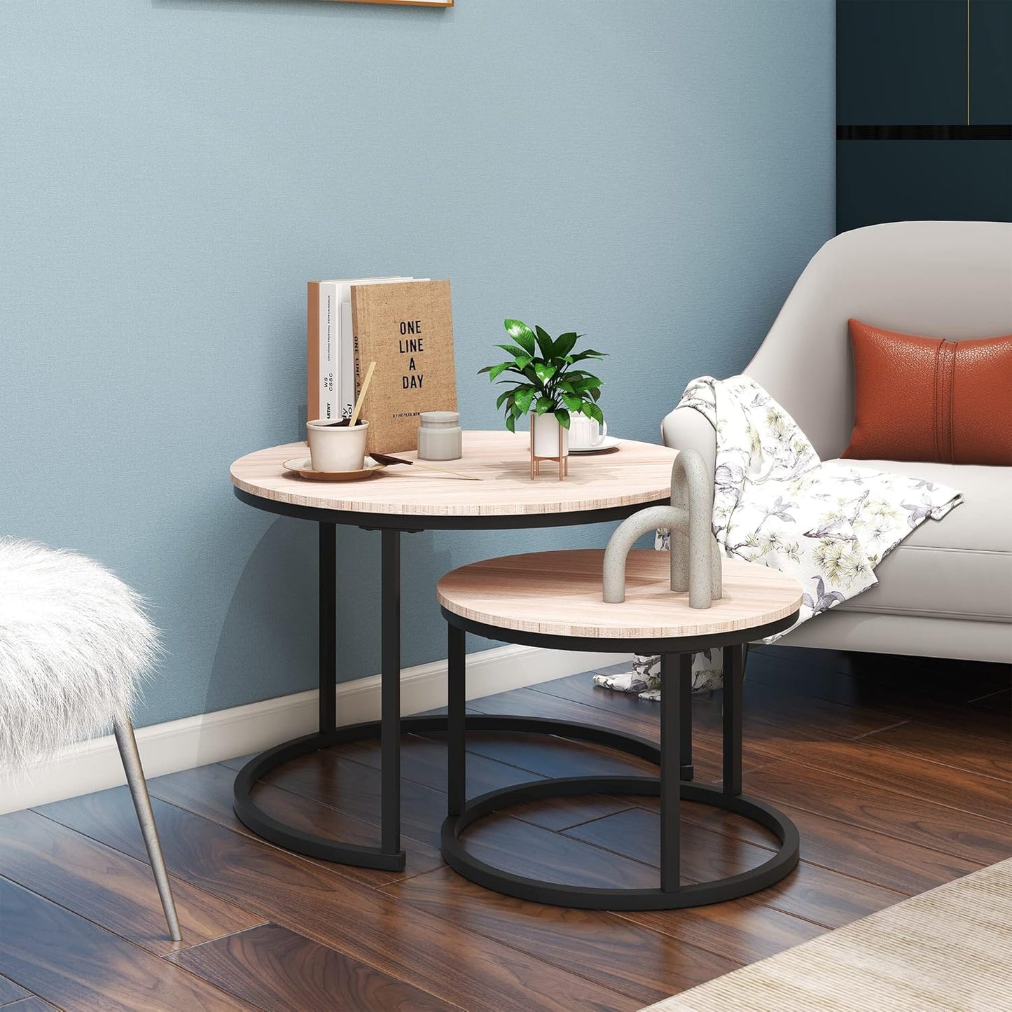 round Nesting Coffee Table Modern Furniture Nesting Side Set of 2 Stacking Side Tea Table End Table for Living Room Balcony Office with Sturdy Metal Frame, Easy Assembly