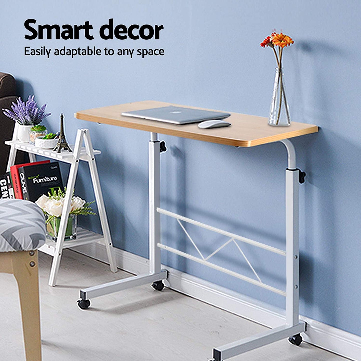Laptop Table, Small Stand Desk Desktop Computer Standing Study Desks Bed Side Tables Home Office Travel Studio Furniture, Portable Wooden 360° Rotating Lockable Caster Wheels Oak