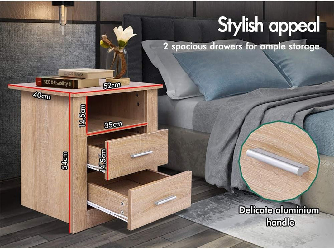 Bedside Table 2-Drawer Nightstand Cabinet 52 X 40 X 54 Cm Wooden Storage Side Chest Orangiser Cabinet, Sofa Side End Tables for Hallway, Bedroom and Living Room (Aurel Oak)