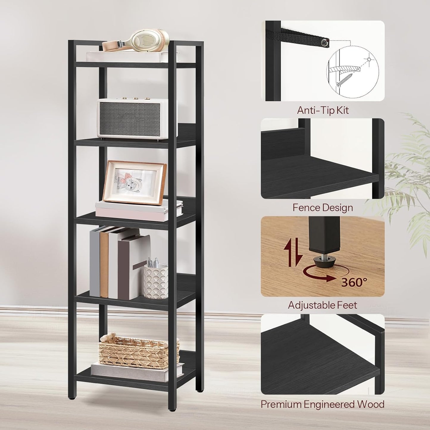 Bookshelf, 5-Tier Bookcase, Standing Book Shelf for Small Space, Storage Shelf Organizer, for Living Room, Bedroom, Study, Balcony, Black BKHB5501