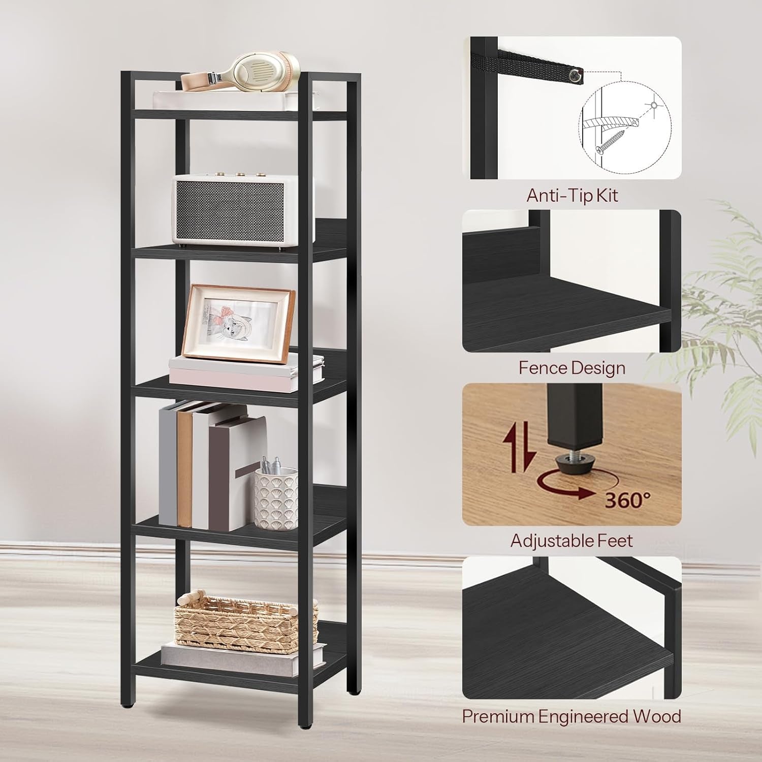 Bookshelf, 5-Tier Bookcase, Standing Book Shelf for Small Space, Storage Shelf Organizer, for Living Room, Bedroom, Study, Balcony, Black BKHB5501