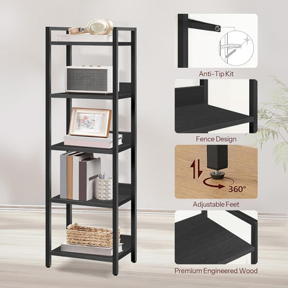 Bookshelf, 5-Tier Bookcase, Standing Book Shelf for Small Space, Storage Shelf Organizer, for Living Room, Bedroom, Study, Balcony, Black BKHB5501