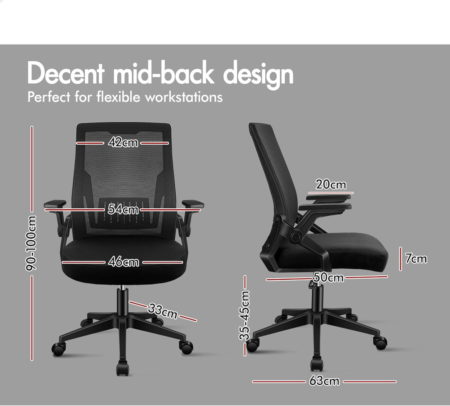 Ergonomic Mesh Office Chair for Home Office, Mid-Back Student Computer Study Desk Chair with Adjustable Flip-Up Arm & Lumbar Support, Gaming Racing Task Chair, Conrad All Black