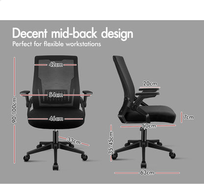 Ergonomic Mesh Office Chair for Home Office, Mid-Back Student Computer Study Desk Chair with Adjustable Flip-Up Arm & Lumbar Support, Gaming Racing Task Chair, Conrad All Black