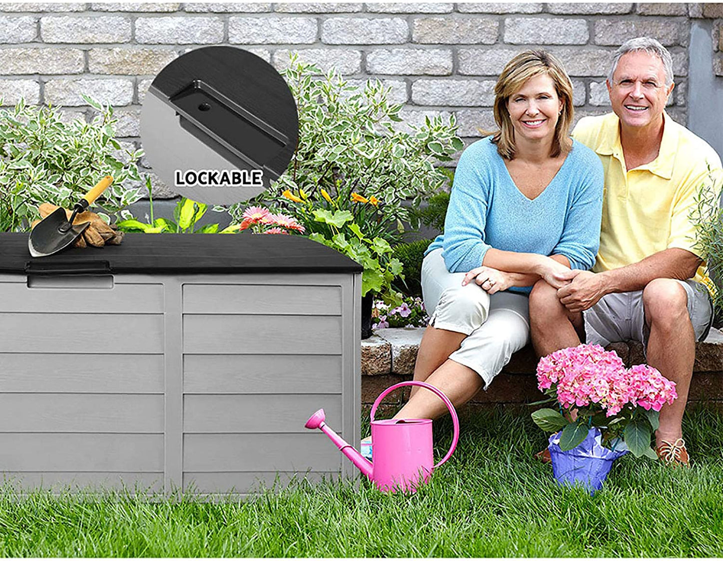 Outdoor Storage Box Container Cabinet Bench, 290L Large Lockable Tool Toy Deck Boxes Chest Garden Shed Storages Ottoman Chair Seat Patio Indoor Furniture, with Wheels Handles Black