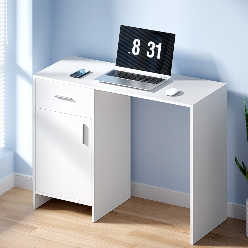 Computer Desk 100Cm White Desktop Office Laptop Desks Study Student Table, Home Furniture for Room Bedroom, with Drawer Cabinet Anti-Rust Metal Runners