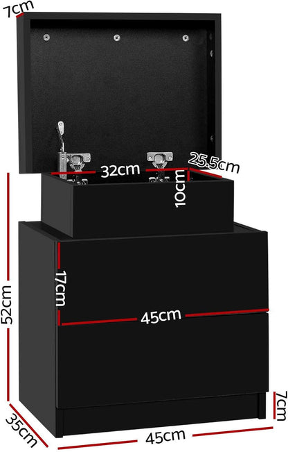Bedside Table Black with 2 Drawers and Lift up Storage Nightstand, Bedroom Living Room Home Furniture, Bed End Side Cabinet Narrow Space Organiser Unit