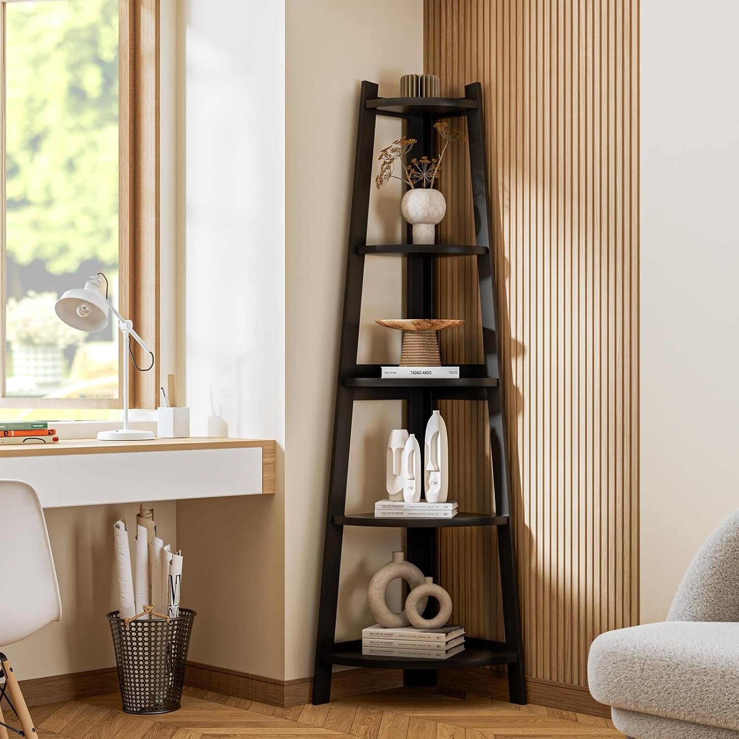 Ladder Shelf 5 Tier Corner Bookshelf Home Book Shelf Display Stand Shelf Black