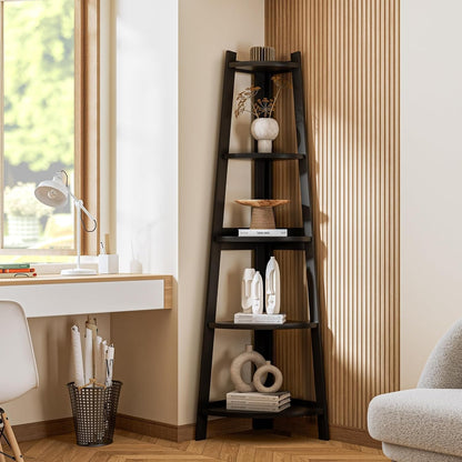 Ladder Shelf 5 Tier Corner Bookshelf Home Book Shelf Display Stand Shelf Black