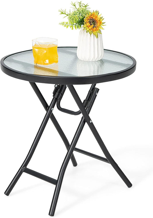 Folding Side Table, round Small Patio Table, Tempered Glass Tabletop, Steel Frame, Weather-Resistant Outdoor Indoor Use for Bistro Porch Garden Balcony (Classic Round, 18"X18"X18.5")