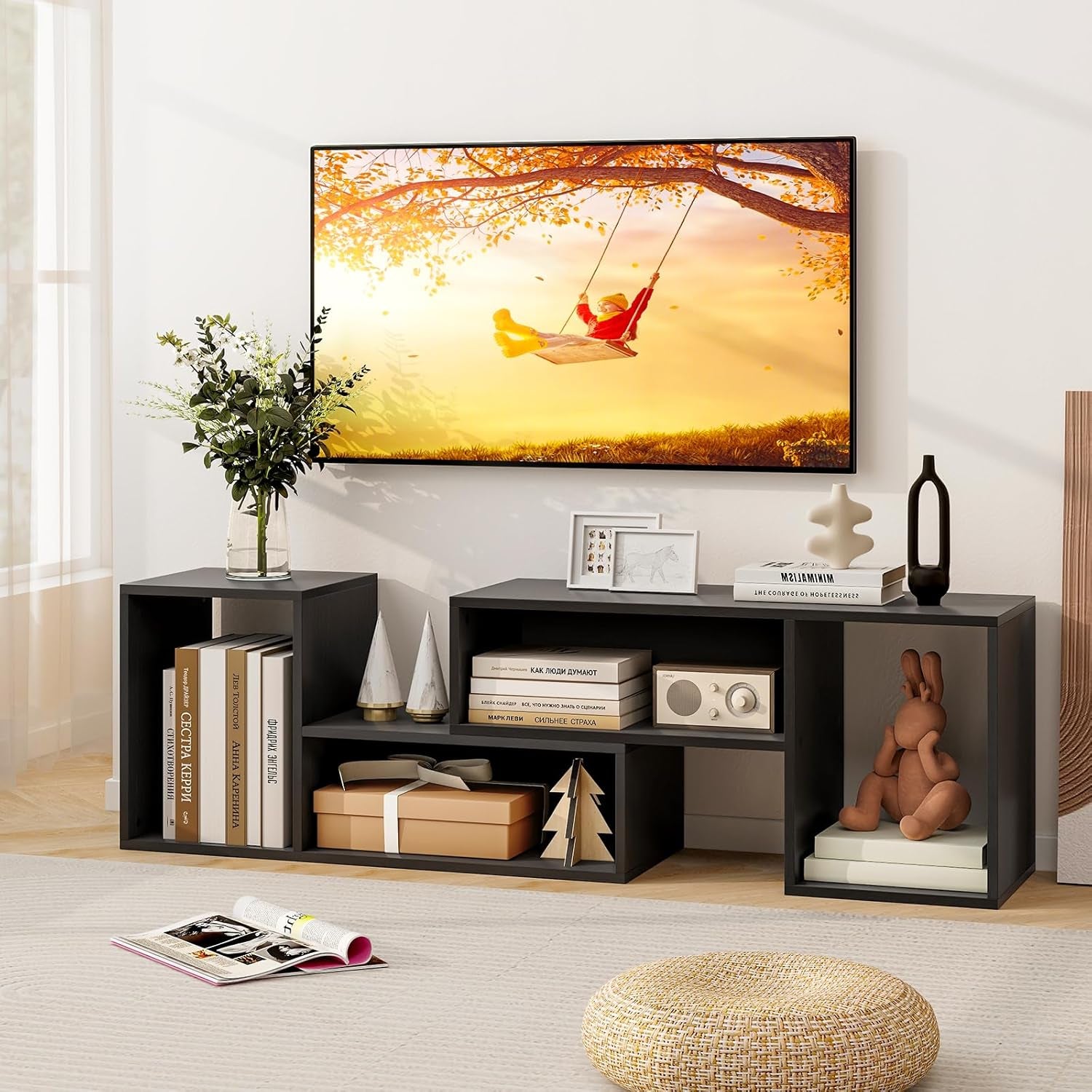 Wood TV Stands, 2 PCS TV Console Cabinets for Tvs up to 55 Inches, TV Table Display Stand for Free Combination and Expansion Home Living Room Furniture (Black)