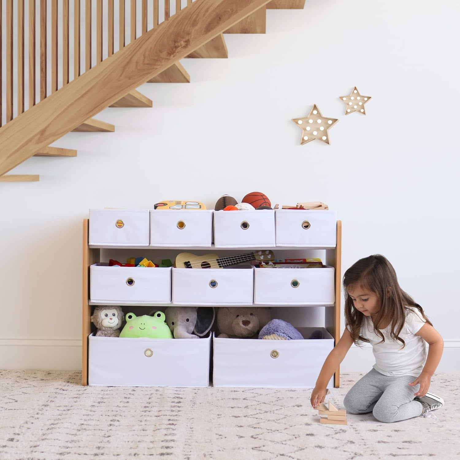 Toy Storage Shelf, Kids, Natural/White, 9 Storage Boxes Included