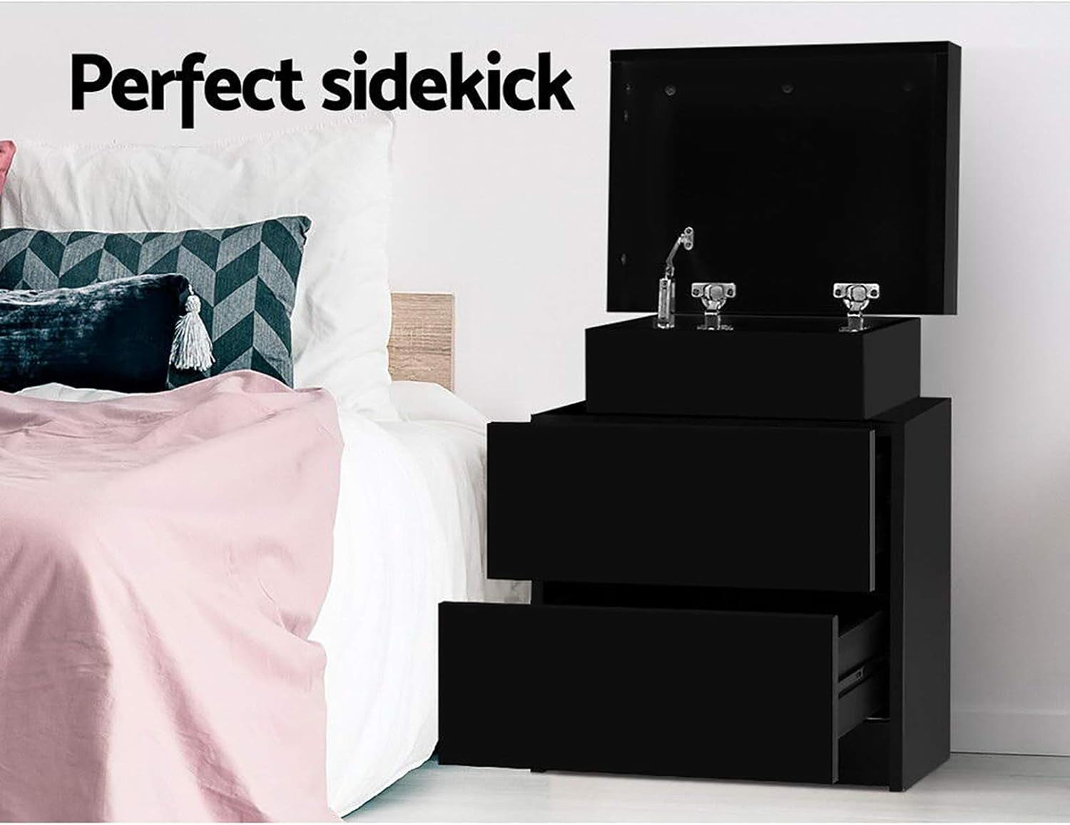 Bedside Table Black with 2 Drawers and Lift up Storage Nightstand, Bedroom Living Room Home Furniture, Bed End Side Cabinet Narrow Space Organiser Unit
