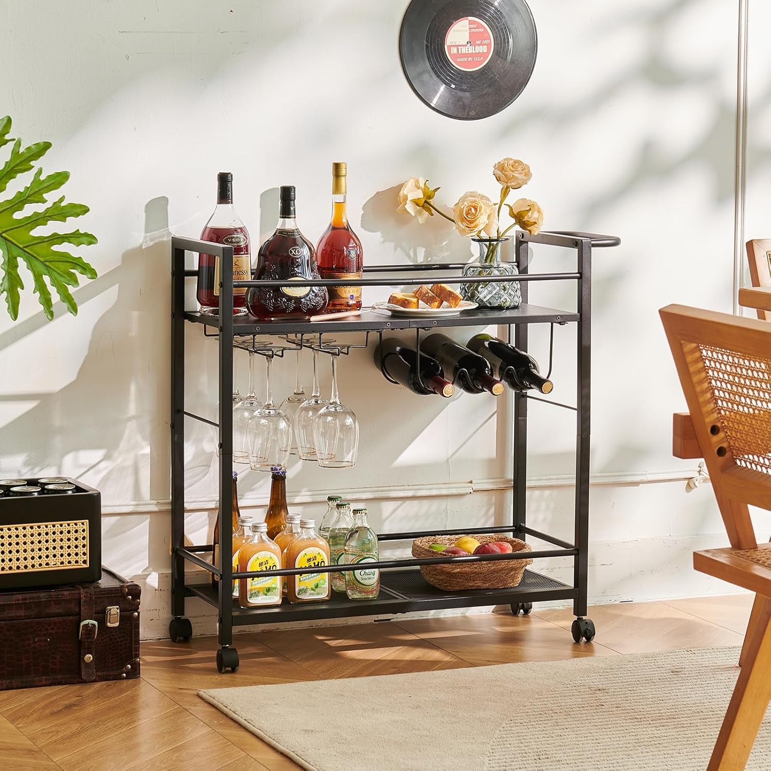 Black Bar Trolley with Wheels, Modern Bar Cart with Storage Space, Wine Trolley with Wine Rack and Wine Glass Holder for Kitchen, Living Room & Dining Room
