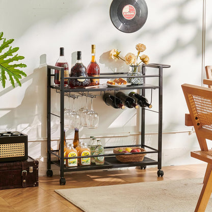 Black Bar Trolley with Wheels, Modern Bar Cart with Storage Space, Wine Trolley with Wine Rack and Wine Glass Holder for Kitchen, Living Room & Dining Room