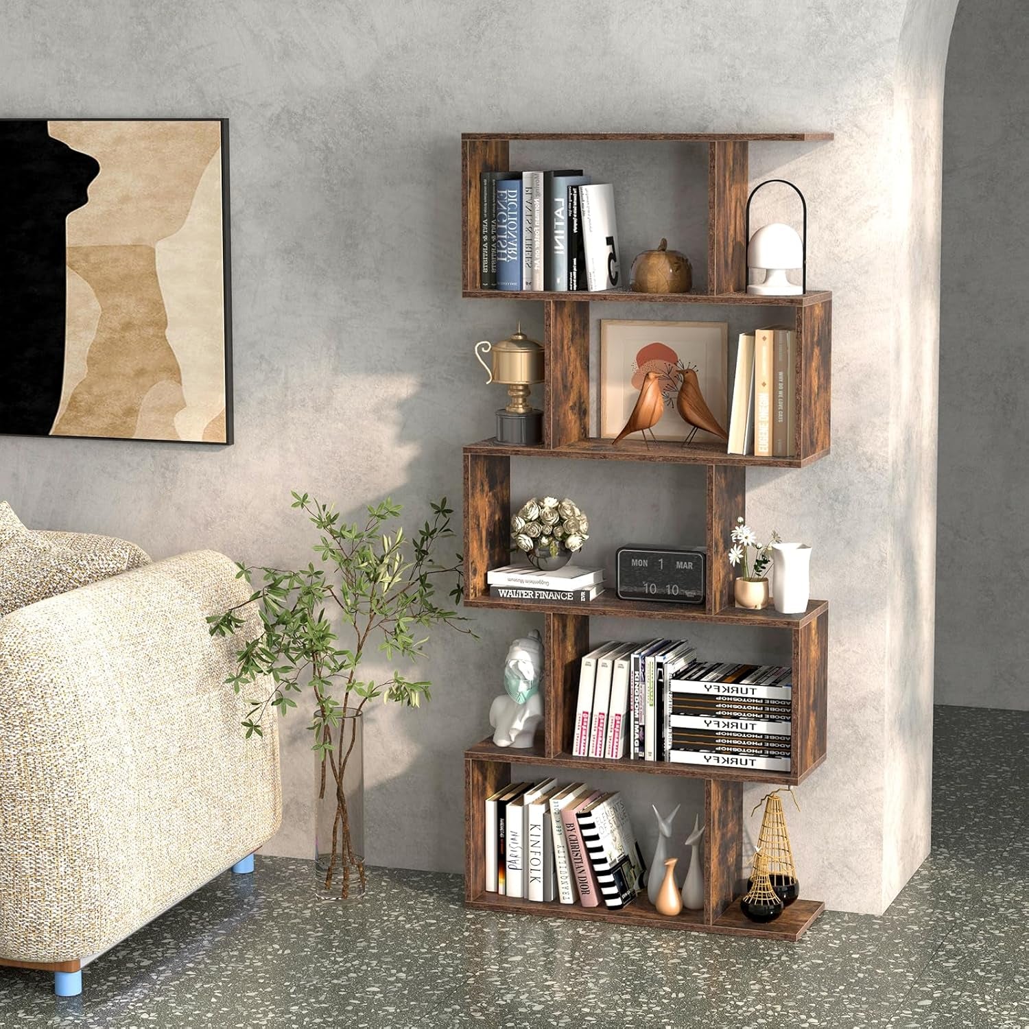 5-Tier Bookshelf, Geometric S-Shaped Bookcase W/Anti-Toppling Device, Freestanding Industrial Decorative Display Shelf, Storage Shelving for Living Room Home Office (Rustic Brown)
