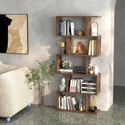 5-Tier Bookshelf, Geometric S-Shaped Bookcase W/Anti-Toppling Device, Freestanding Industrial Decorative Display Shelf, Storage Shelving for Living Room Home Office (Rustic Brown)