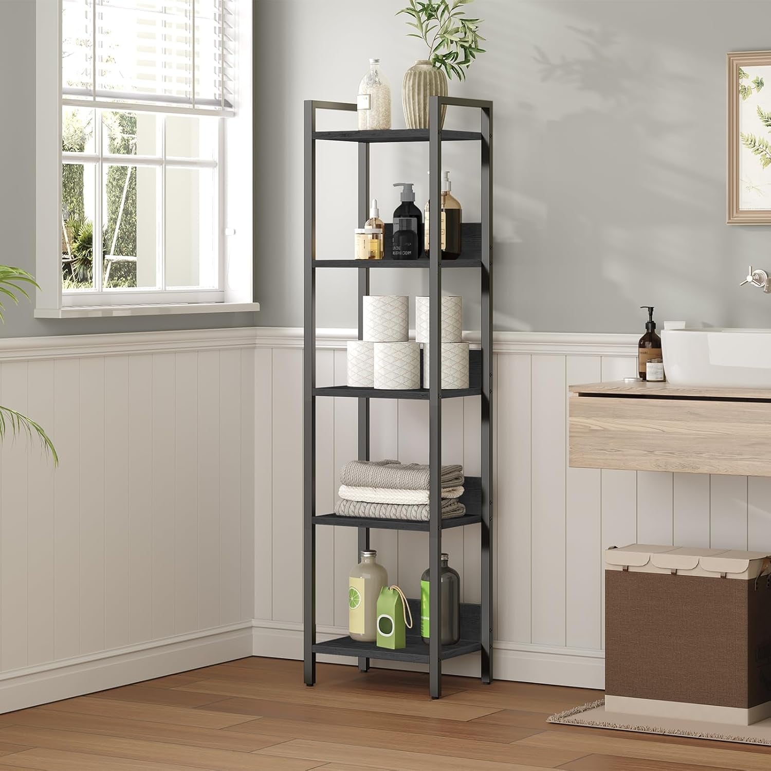 Bookshelf, 5-Tier Bookcase, Standing Book Shelf for Small Space, Storage Shelf Organizer, for Living Room, Bedroom, Study, Balcony, Black BKHB5501